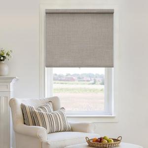 Black Out Shades Cordless Blinds for Bedroom Windows Free-Stop Thermal Insulated 100% Blackout Linen Roller Shades Blinds for Bedroom Living Dining Room, Greyish Beige Taupe Burlywood Birch W29xH72