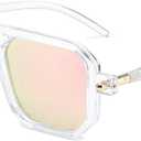 FEISEDY Vintage Square 70s Flat Aviator Sunglasses Women Men Classic Retro Stylish Frame UV400 Sunglasses B2622 (030 Transparent Frame & Pink Mirrored Lens)