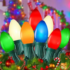 50FT C7 LED Multicolor Christmas Lights, Outdoor String Lights with 55 Multicolor LED Ceramic Bulbs(5 spare), Vintage Christmas Lights for Indoor Outdoor Xmas Tree Home Party Decorations, Green Wire