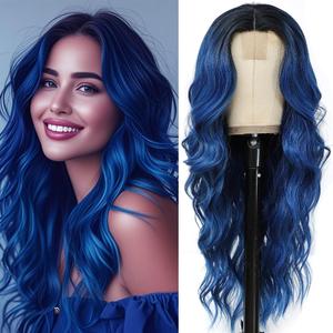 HMHIFI Long Blue Wavy Wigs for Women Ombre Curly Natural Middle Part Synthetic Curly Heat Resistant Fiber Hair Replacement Wigs for Daily Party (26'')