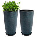 QCQHDU Large Tall Blue Planters with Saucer - 9 Gallon 12" Diameter x 21" H Faux Stone Round Pots for Indoor Plants, Outdoor Patio & Porch Decor, Heavy Duty Weatherproof Plant Containers