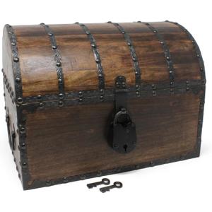 Nautical Cove Wooden Treasure Chest with Decorative Rivets and Reinforcing Iron Strips with Iron Lock and Skeleton Keys – Wooden Lock Box, Pirate Decor Chest, Keepsake Box