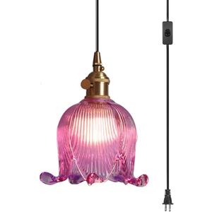 Hanging Swag Plug in Pendant Light Flower Shaped Purple Glass Plug Pendant Lamp with 15 ft Switch Cord Plug in Vintage Industrial Hanging Light for Kitchen Bedroom Background