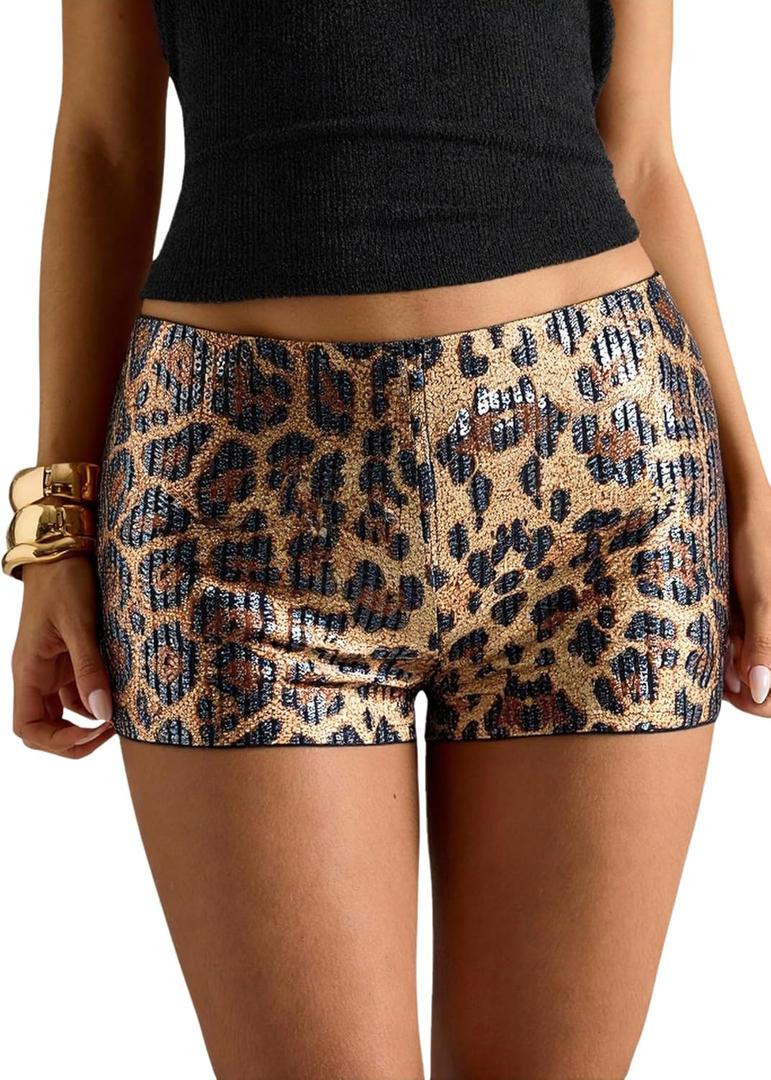 MakeMeChic Women's Cheetah Print Shorts Y2K Sequin Leopard Mini Micro Shorts (Coffee Brown) S