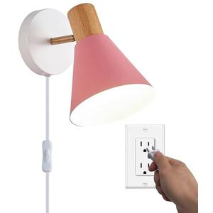 Vechoicy Plug in Wall Sconces Lighting Fixture, Wooden Adjustable Bedside Wall lamp for Industrial Bedroom, Living Room Bathroom Sink Lighting (1, Pink)