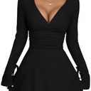 XXTAXN Women's Sexy Wrap V Neck Long Sleeve Flowy Hem A Line Ruched Waist Corest Mini Dress(M)