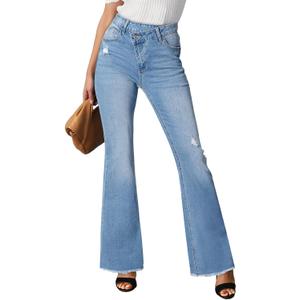 Sidefeel Women's Bell Bottom Flare Jeans High Waisted Stretchy Ripped Distressed Raw Hem Denim Pants with Pockets (Blue)