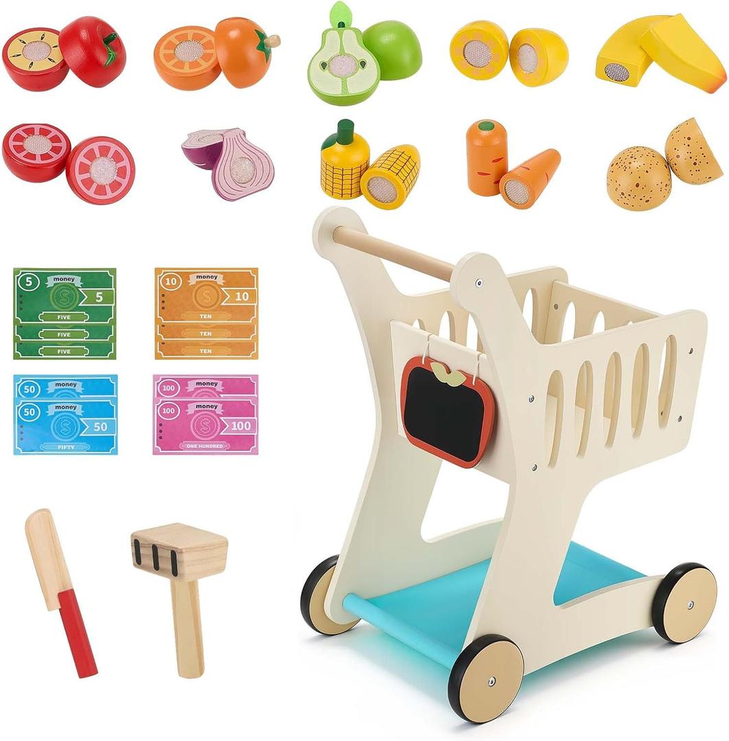 VEVOR Shopping Cart for Kids, Wooden, Toy Shopping Cart with Extra Storage, Realistic Play Food and Scanner, Grocery Store Pretend Play Toy Trolley, Baby Push Learning Walker, for Toddlers Ages 3+, Child-size
