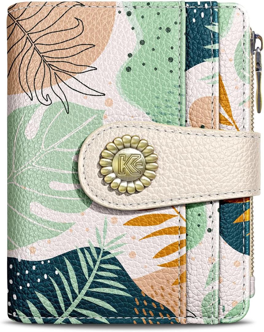 Kelvoris Boho Leafs Abstract Art Small Rfid Women Wallet Bifold Zipper Coin Pocket PU Leather Compact Cash Credit Card Holder Travel Wallet for Female Ladies Teen Girls 1 ID Window 10 Card Slots