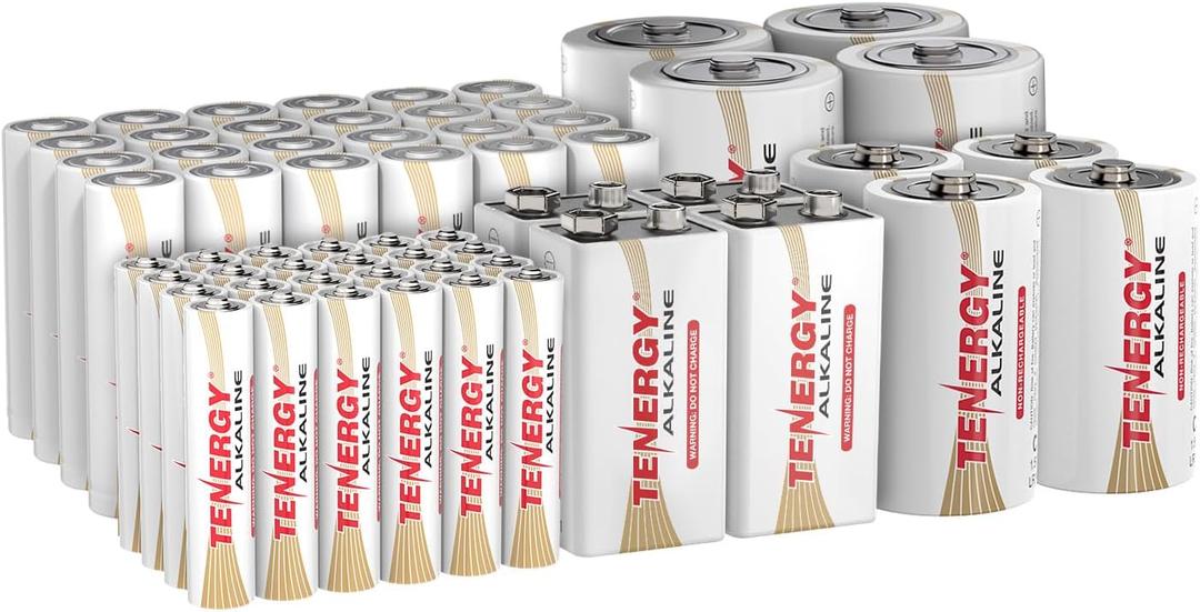 Tenergy 60 Pack Alkaline Batteries, 24 Pack AA Batteries, 24 Pack AAA Batteries, 4 Pack C Size, 4 Pack D Size, and 4 Pack 9V Size Batteries for Household Electronics