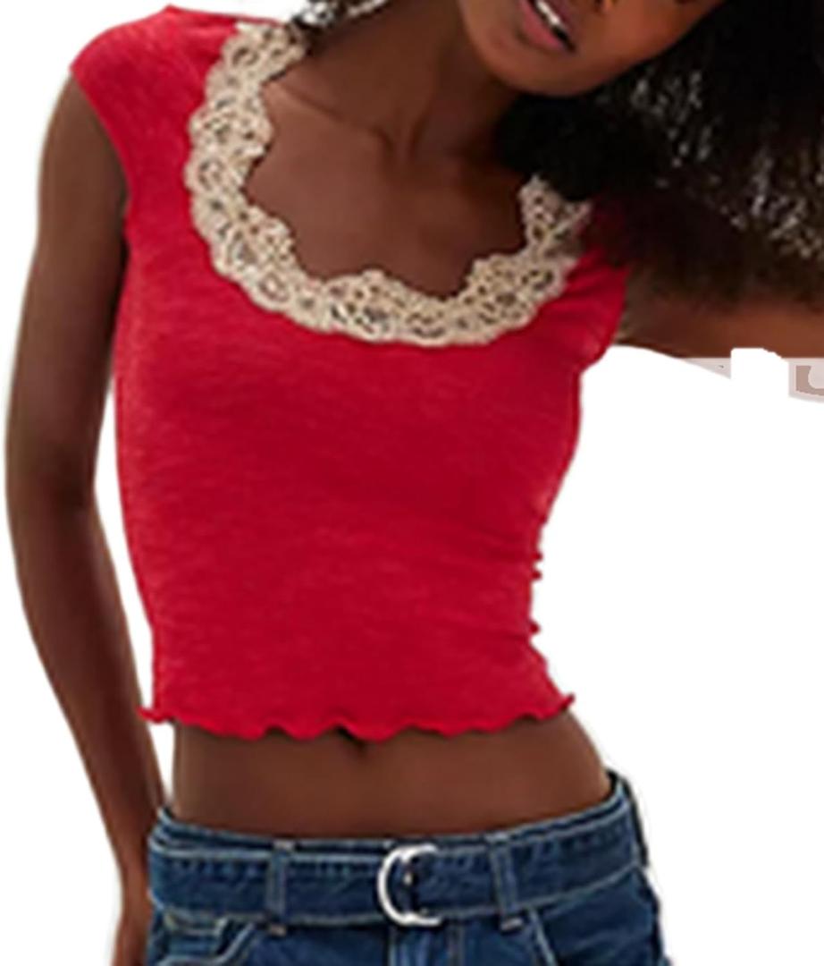 Women Y2K Lace Trim Crop Top Casual Short Sleeve Square Neck Ruffle Hem Baby Tee Cute Solid Color Slim Fit Shirt (Small, Red)