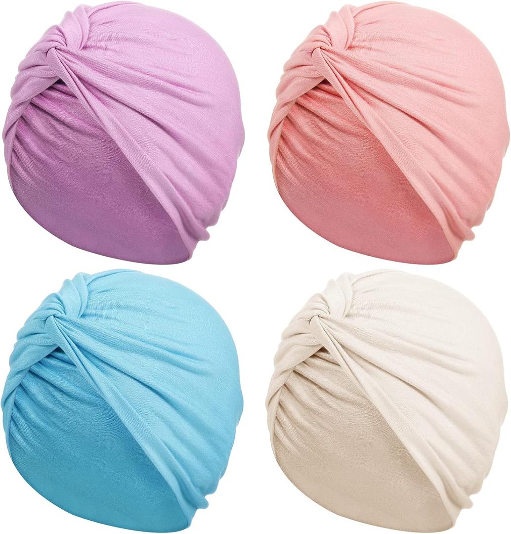 SATINIOR 4 Pieces Turbans for Women Soft Pre Tied Knot Fashion Pleated Cancer Turban Cap Chemo Headwrap Sleep Hat, 4 Colors (Blue, Purple, Pink, White)