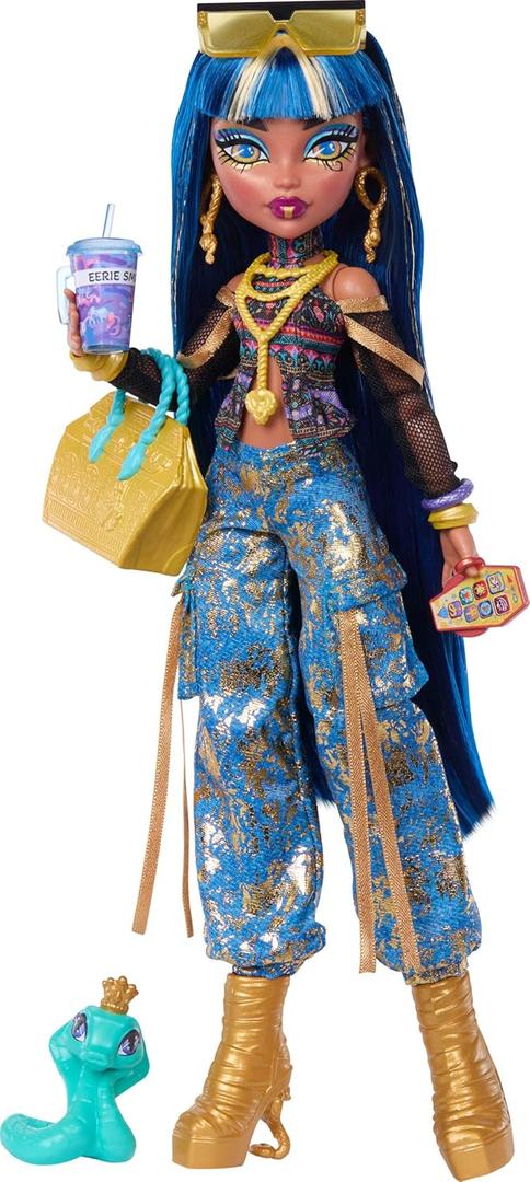 Monster High Doll, Cleo De Nile in Crop Top and Golden Denim Cargo Pants with Pet Snake Hissette and 7 Accessories Like Salad, Smoothie and Purse