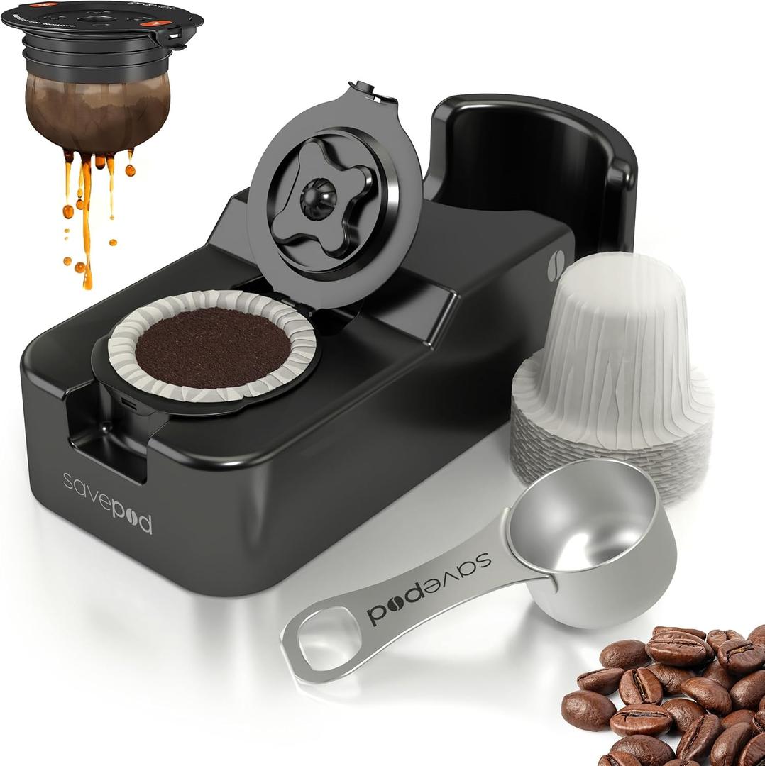Savepod Coffee Pod Maker Lite Reusable Pod Maker Kit Includes Universal Ring, Stainless Steel Scoop, 50 Compostable Filters & Manual PodMaker for Keurig Coffee Maker, Easy Daily Coffee Refill