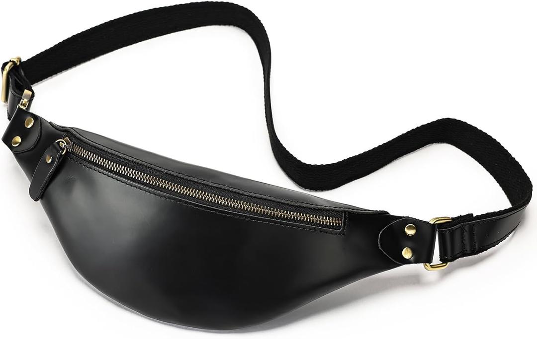 Vintage Genuine Leather Fanny Pack Small Waist Bag Travel Sling Pouch with Adjustable Leather Belt Black