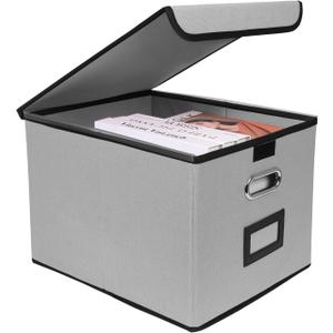 File Storage Box with Lid, Foldable Portable Document Organizer with Handle, Perfect for Home/ Office/ File Organization(Grey)