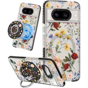 Cute for Google Pixel 8A Case - Compatible with Magsafe Magnetic Ring Holder Stand Kickstand for Women Girls Girly Funny Fashion Pretty TPU Phone Covers Retro Flower Design
