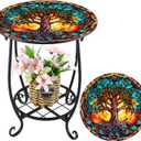 Outdoor Side Table Round Small Mosaic Patio Accent Indoor End Plant Metal Coffee Tea Table for Yard Porch Garden Patio Living Room, Bedroom(Tree Style,14 Inch)