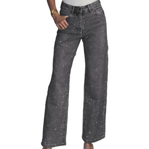 Famnbro Womens Rhinestone Jeans Baggy Y2K High Waisted Straight Wide Leg Sparkly Bling Glitter Denim Pants (Large, Grey)