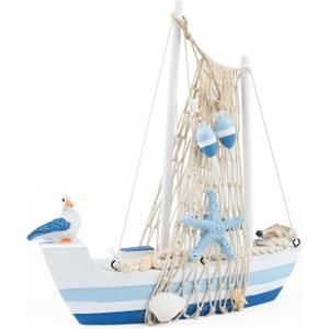 Mini Sailboat Model Decoration Wooden Sailing Boat Home Decor Set Nautical Decoration Sailing Boat Ornaments Sailboat Models for Bedroom Office Bathroom Desktop Decoration(Middle) (Blue2)
