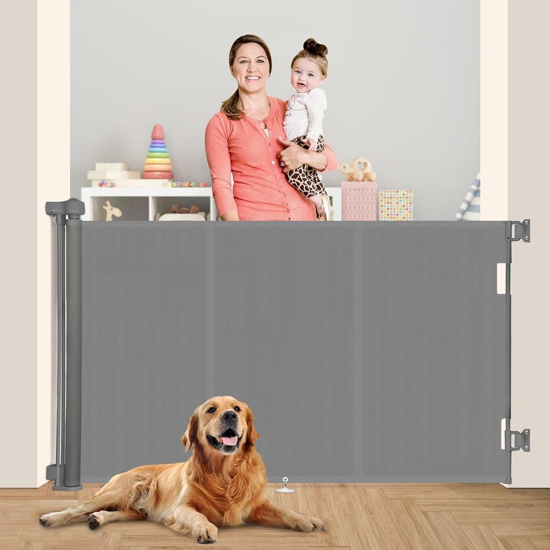 71 inch Retractable Baby Gates 42 inch Tall, Retractable Gate with Reinforced Strip Design to Prevent Crawling Through, 6 FT Retractable Dog Gate for Stairs, Doorways, Hallways, Indoor/Outdoor (Gray)