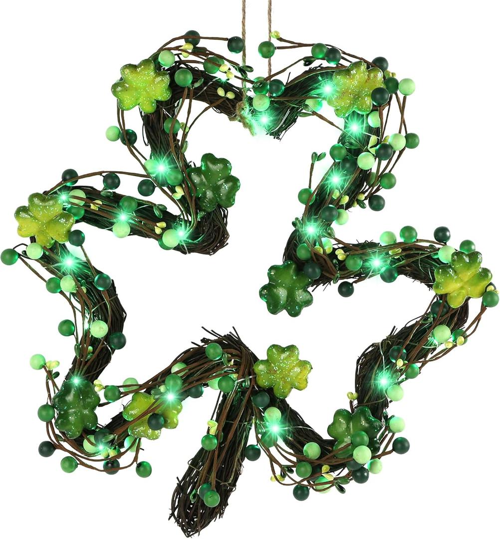 DR.DUDU St. Patricks Day Wreath Decorations, 14 Inch Shamrock Wreaths for Front Door with Green Clover LED Lights, St. Patrick's Day Decor for Spring Outdoor Home Wall Window
