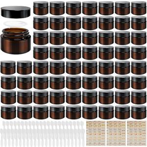64 Pcs 1oz Glass Jars with Lids, Small Cosmetic Containers Bulk Amber Tins Glass with Inner Liners, Facial Mask Spoons, and Labels for Travel Lotions, Creams, and Candles (Black Lid)