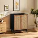 EFURDEN Storage Cabinet with Rattan Decorated Doors, Black Kitchen Buffet Cabinet with Storage, Bathroom Storage Floor Cabinet with Large Storage Space