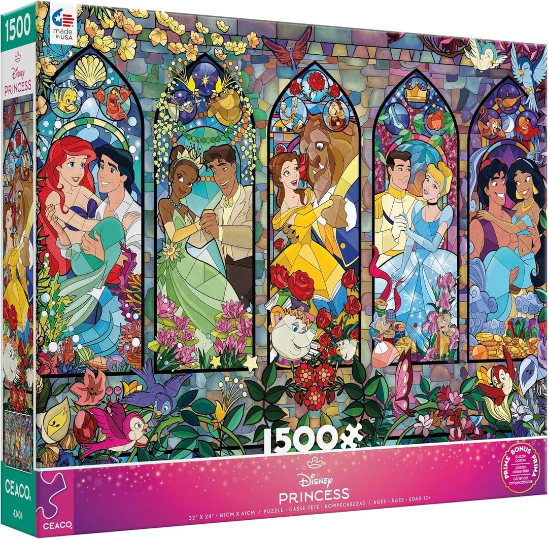 Ceaco Disney Princess Royal Windows Jigsaw Puzzle  1500 Piece Puzzle for Adults, Stained GlassStyle Princess Artwork, Includes Reference Poster