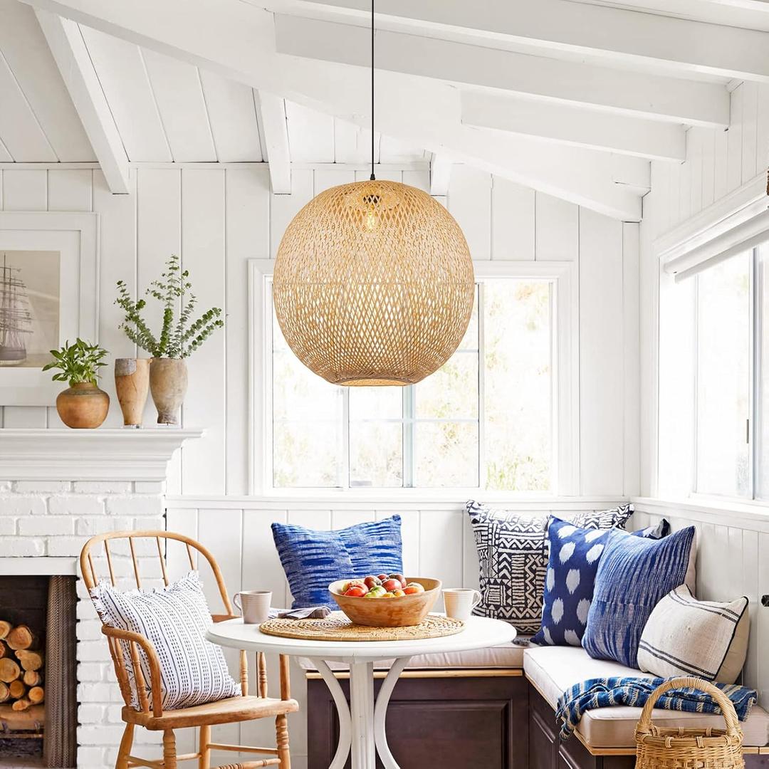 Arturesthome 15.7" Bamboo Pendant Lights, Round Wicker Chandelier, Hand-Woven Boho Basket Lampshade Hanging Ceiling Light for Kitchen Island Living Room, W 15.7in * H 14.1in