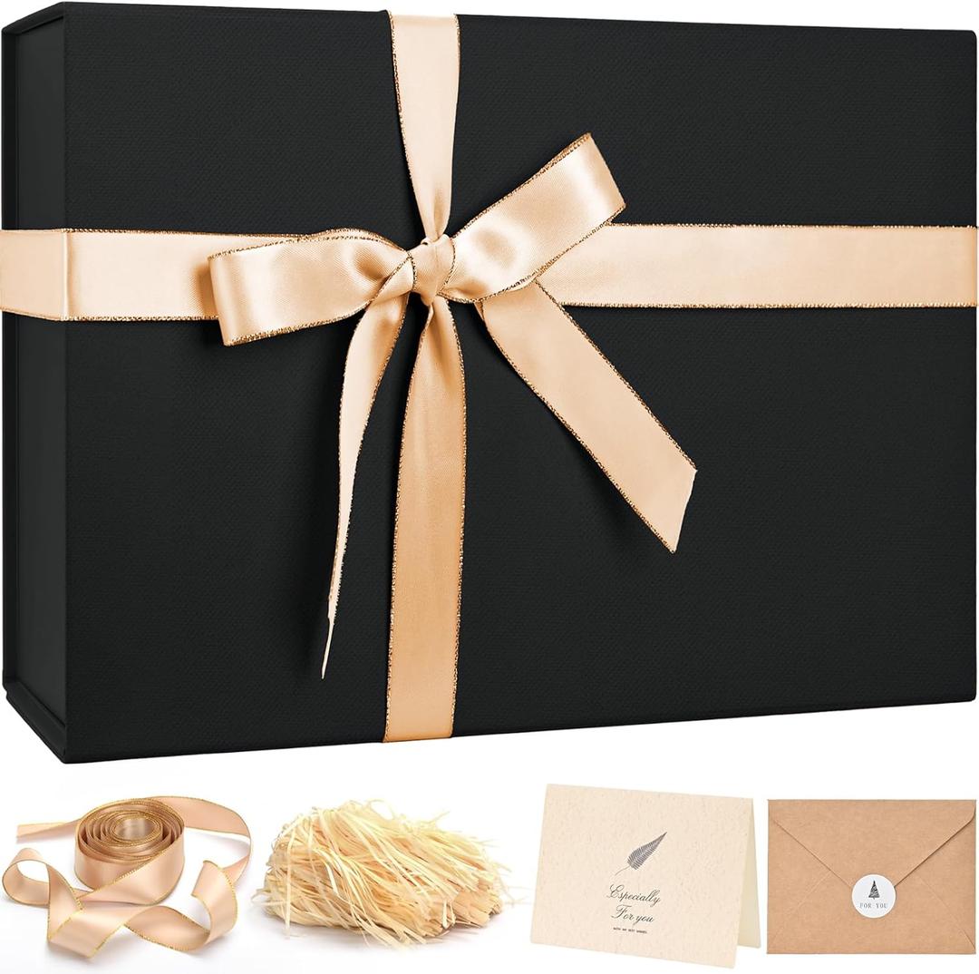 LIFELUM Large Christmas Gift Box 14"x8.5"x4.5" Birthday Gift Boxes for Presents for Anniversary Wedding,Black Gift boxes with Ribbon,Shredded Filler,Card