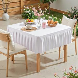 White Square Tablecloth - 34x34 Inch Stretchy Fitted Tablecloths for Small Square Card Tables with Ruffle Pleated Table Skirt Wrinkle-free Spandex Table Cover for Dining, Kitchen, Patio & Gift Display