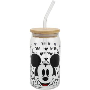 Disney Mickey Mouse Big Face 15 Oz Glass Bottle With Straw & Lid
