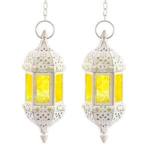 2 Pcs Moroccan Lantern Metalwork Hanging Tealight Candle Holder Metal Glass Indoor Outdoor Battery Operated LED Flameless with 35cm Chain, White
