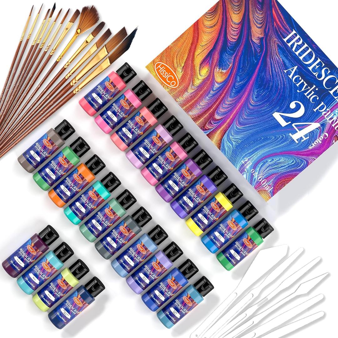 HissiCo Iridescent Acrylic Paint Set of 24 Chameleon Colors 60ml 2 OZ Bottles with 12 brushes 5 knifves, High Viscosity Shimmer Paint for Artists, Beginners