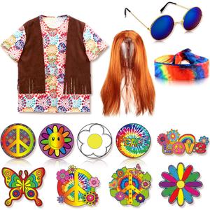 Kathfly 15 Pcs 60s 70s Outfits for Men Women Hippie Costume Set Hippie Shirt with Tassel Vest Wig and Headband for Cosplay