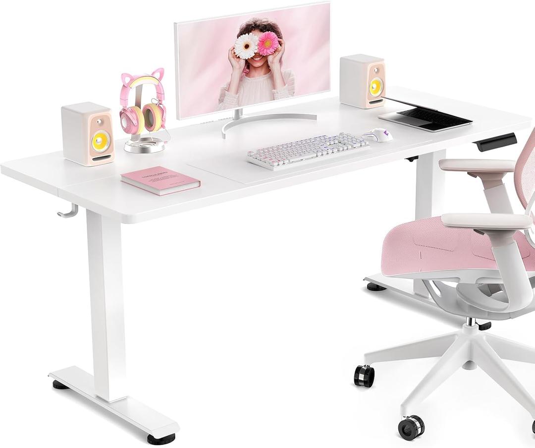 Veken 47.2 Inch Large Electric Standing Desk, Heights Adjustable, Sit to Stand Up, Work Home Office Computer Table for Study, Walking Pad, Writing, and Games, Wooden Desktop Desks, White, 47.223.6 Inch