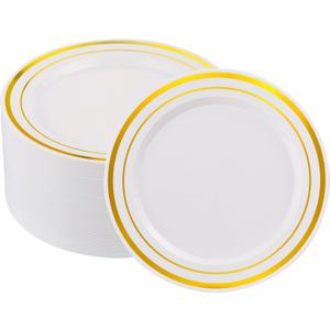 50 PCS Gold and White Plastic Plates for 50 Guests,10.25inch Gold Rimmed White Disposable Plastic Plates for Wedding,Party,Birthday,Smooth Edge & Heavy Duty Dinner Plate