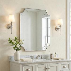 MOON MIRROR Brushed Nickel Bathroom Mirror, 24"x32" Scalloped Wall Mirror, Vintage Notched Corner Mirror, Anti-Rust Metal Framed Mirror for Bathroom, Thin Frame Deep 1", Hangs Vertical or Horizontal