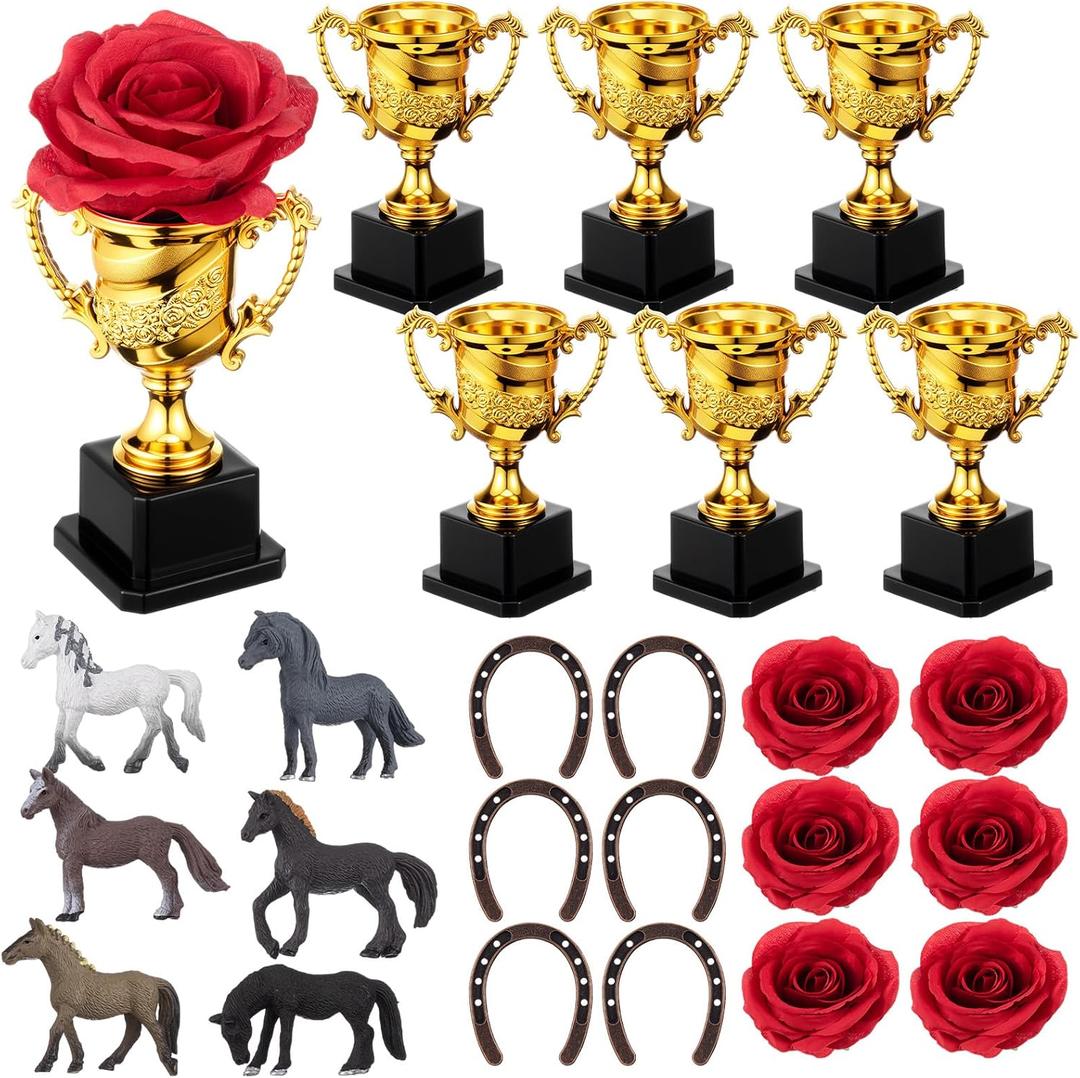 Roshtia 24 Pcs Horsing Racing Party Decoration Derby Day Table Centerpieces Golden Trophy Horseshoe Red Rose and Horse for Horse Themed Birthday Party Favor Bulk