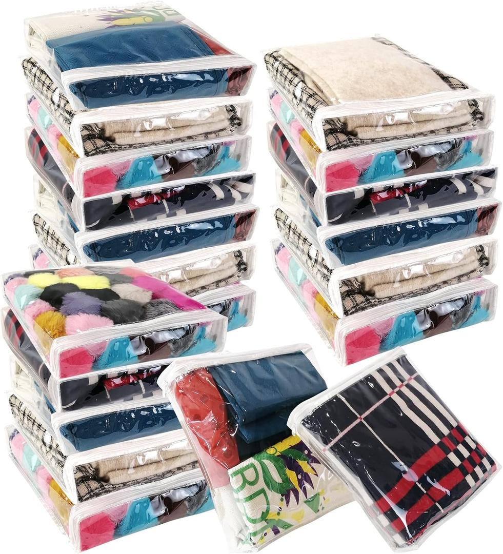 20Pcs Clear Vinyl Zippered Storage Bags, Small Blankets Storage Bags Plastic for T-shirt,Sweater Clothes, Thin Bed Sheet, Little Yarn etc Organizer with Zipper for Closet,10.5 x 10.5 x 2.4 Inch