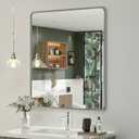 OKPAL 28 x 32 Silver Framed Mirror, Brushed Nickel Bathroom Mirror for Wall, Modern Rounded Rectangle Mirror, Brushed Silver Vanity Mirror, Anti-Rust, HD Glass (Horizontal/Vertical)
