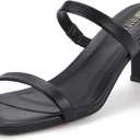 IDIFU IN3 Chunky Heels For Women Low Block Square Open Toe Heels Two Strap Slip On Comfortable Slides Heeled Sandals Sexy Wedding Prom Party Dress Shoes Cute Mule Short Heels (7.5, Black Pu)