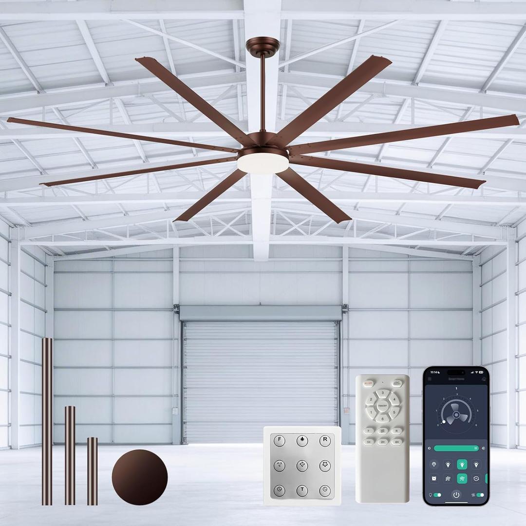Carrefour 100 Inch Commercial HVLS Ceiling Fan with Light,No Light Option
3CCT,8 Aluminum Blades,Remote and Wall Control,6 Speed,Reversible,Timer,3‑size Downrods for Living Room,Garage & Patio,Brown