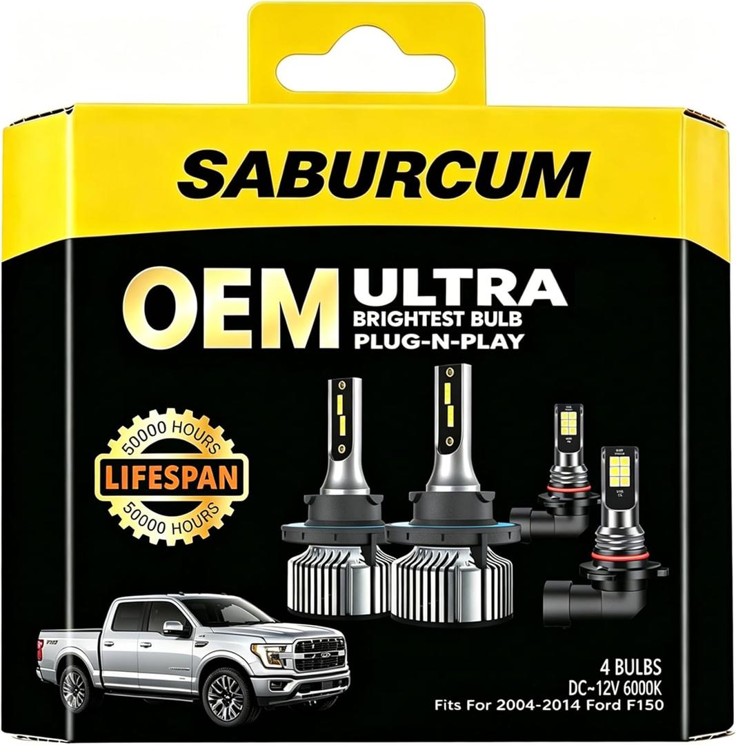 Fits for 2004-2014 Ford F150 1:1 halogen Hi/Lo Dual Beam Bulbs Fog Lights Combo,2004 2005 2006 2007 2008 2009 2010 2011 2012 2013 2014 6000K White Super Bright f-150 Dual beam Light Bulbs, Pack of 4