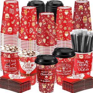 Ziliny 100 Sets Christmas Paper Coffee Cups with Sleeve and Lid Straw Hot Chocolate Cocoa Cups Xmas Holiday Party Supplies for Hot Drinks Cold Beverage Cafe Shop Office(16 oz, Gingerbread Man)