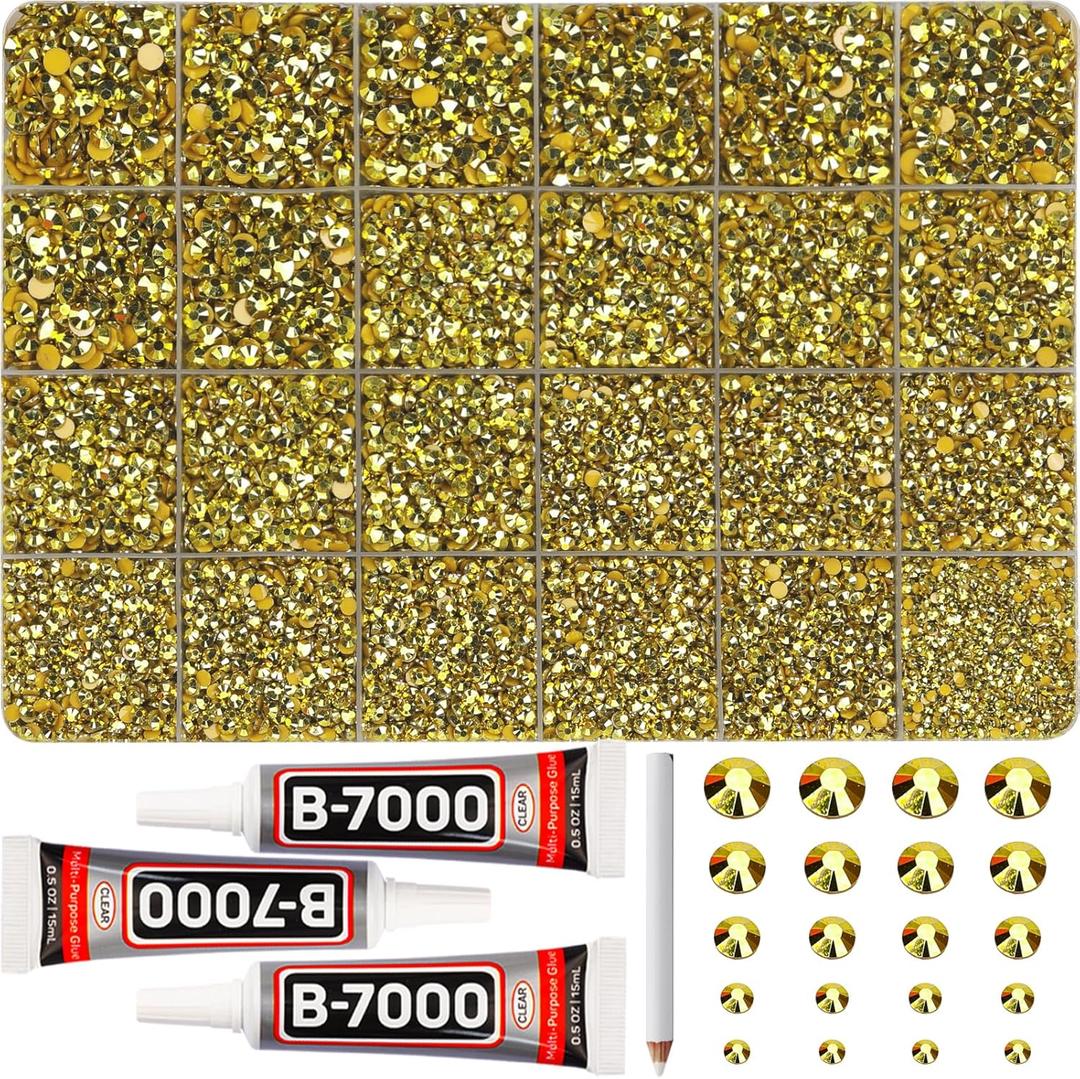 31000Pcs Gold Resin Rhinestones for Bedazzling, Gold Bedazzle Gems Flatback, Bling Stones Flat Back Diamond Jewel Crystal Bedazzled for Clothes Crafts Crafting 2-6mm Assorted Size Bulk and b-7000 Glue (Large Pack + 3pcs Glue)