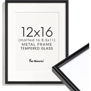 Fun Memories 12x16 Picture Frame Black, Aluminum Picture Frames 12"x16", 12x16 Picture Frame with Mat for 8.5x11, 12 by 16 Frame Real Glass, 12 x 16 Metal Frame for Home Decor
