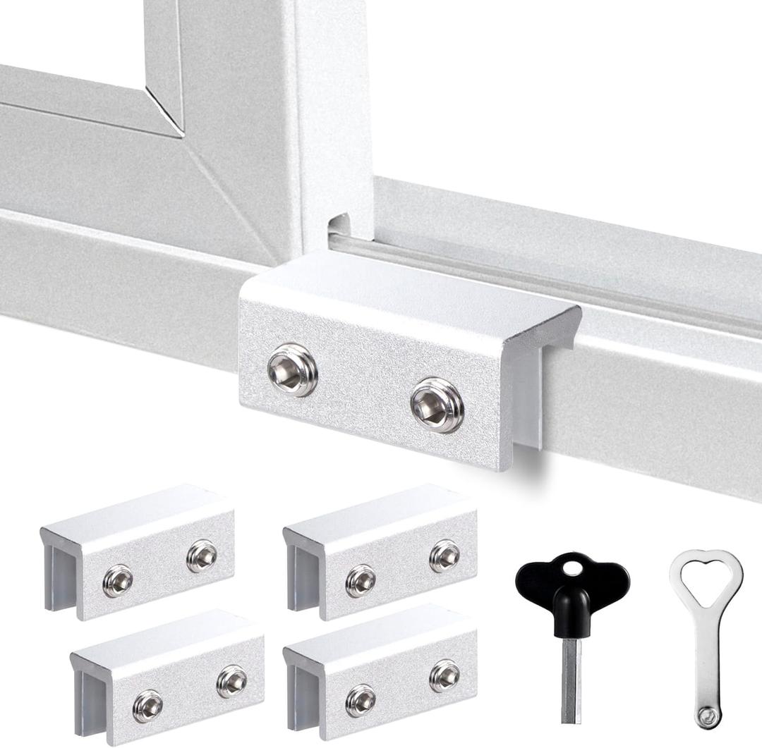 Window Locks, 4 Sets, Alu Alloy Material Window Lock for Vertical&Horizontal Sliding Windows and Doors, Adjustable Security Window Stop, for Child Home Safety, Bedroom, Office&Balcony(Silver Large)