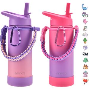 Mininoo Insulated Kids Water Bottle, 16oz Stainless Steel Water Bottle Kids with Paracord Handle for Girls, Boys (2 Pack)
